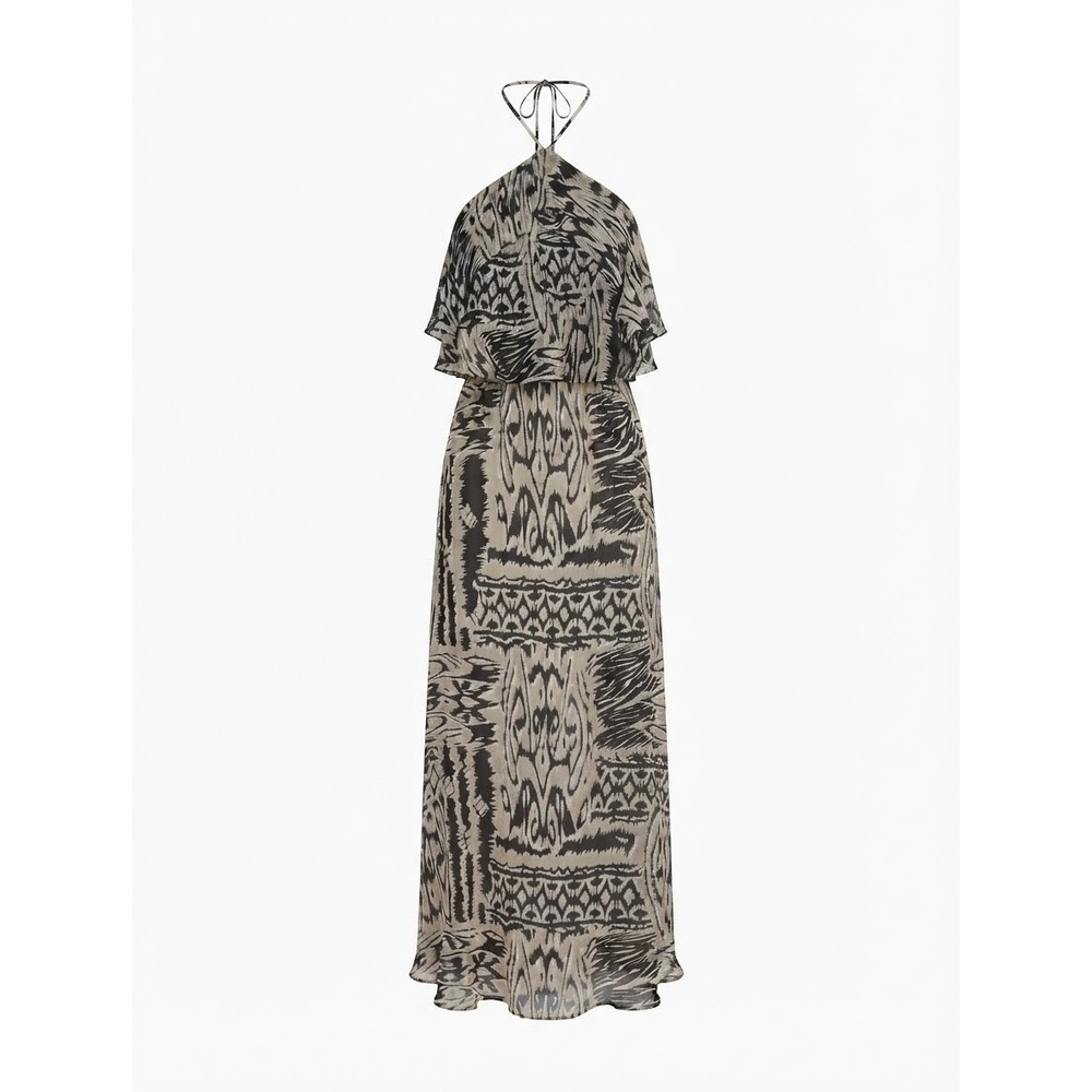 BCBGMAXAZRIA Silk Maxi Dress Womens 8 Tan Black Ikat Ruffle Halter Excellent
